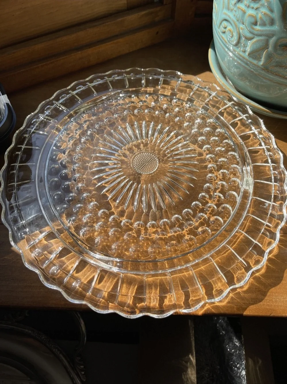 Scalloped Clear Glass Serving Platter - Decorative Pressed Pattern